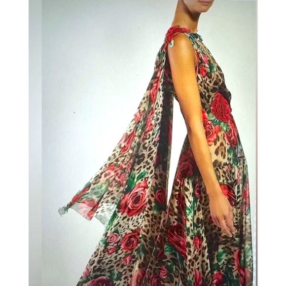 NWT Dolce & Gabbana Rose Leopard Print Silk Chiffon Gown Dress IT 48 - Picture 5 of 16